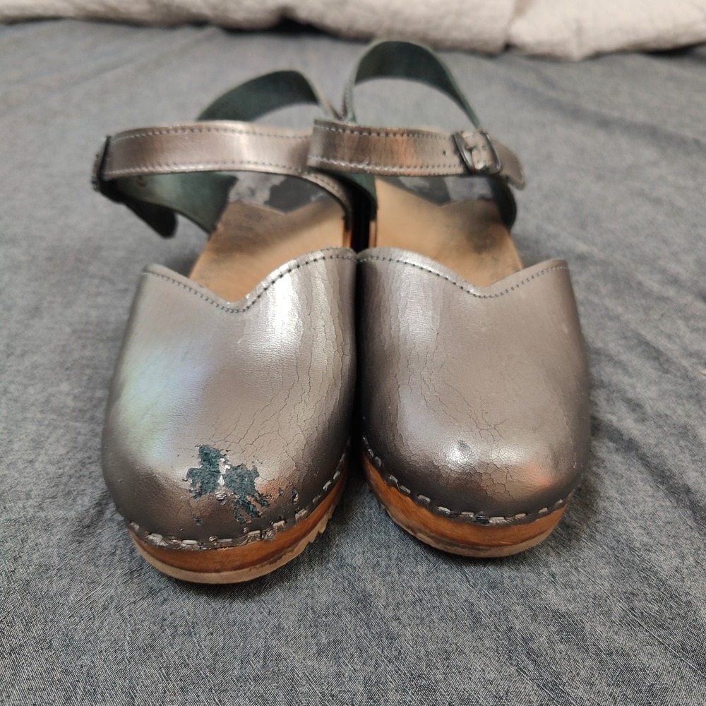 Vollsjo Clogs Womens 40 Pewter Metallic Leather‎ Wooden Ankle Strap Boho Retro - Picture 5 of 12